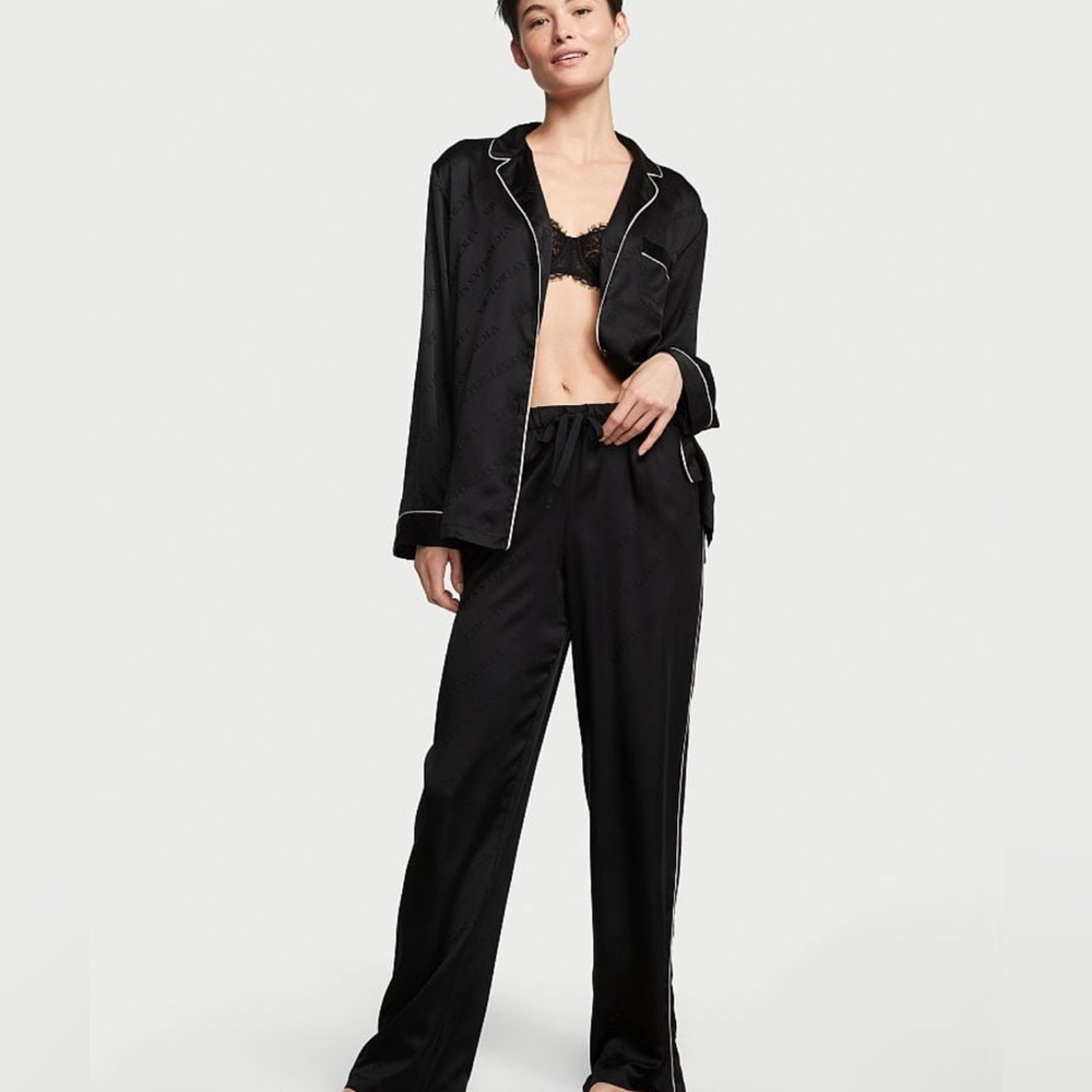 Victoria Secret Black Satin Long Pajama Set - with top & pants (both size XS)